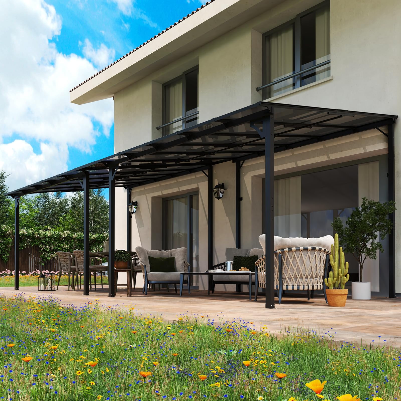 MEISSALIVVE 10' x 20' Hardtop Lean to Gazebo, Two 8'x8' Wall Mounted ...