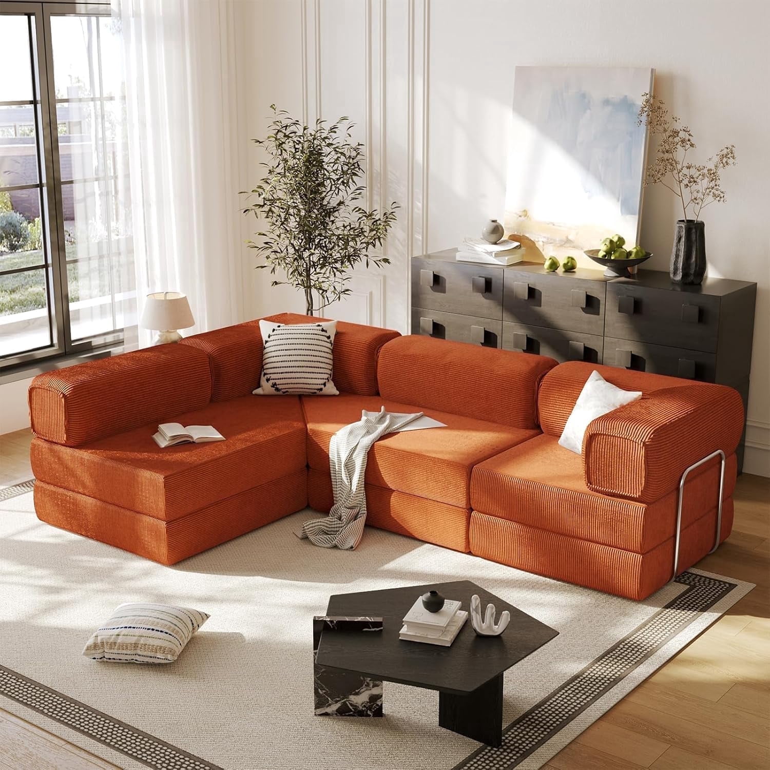 MEISSALIVVE 108" L-Shaped Modular Sectional Sofa with Chaise, Cloud Deep Seat Couch with Removable Pillows, No Assembly Required for Living Room & Bedroom (Brick Red)