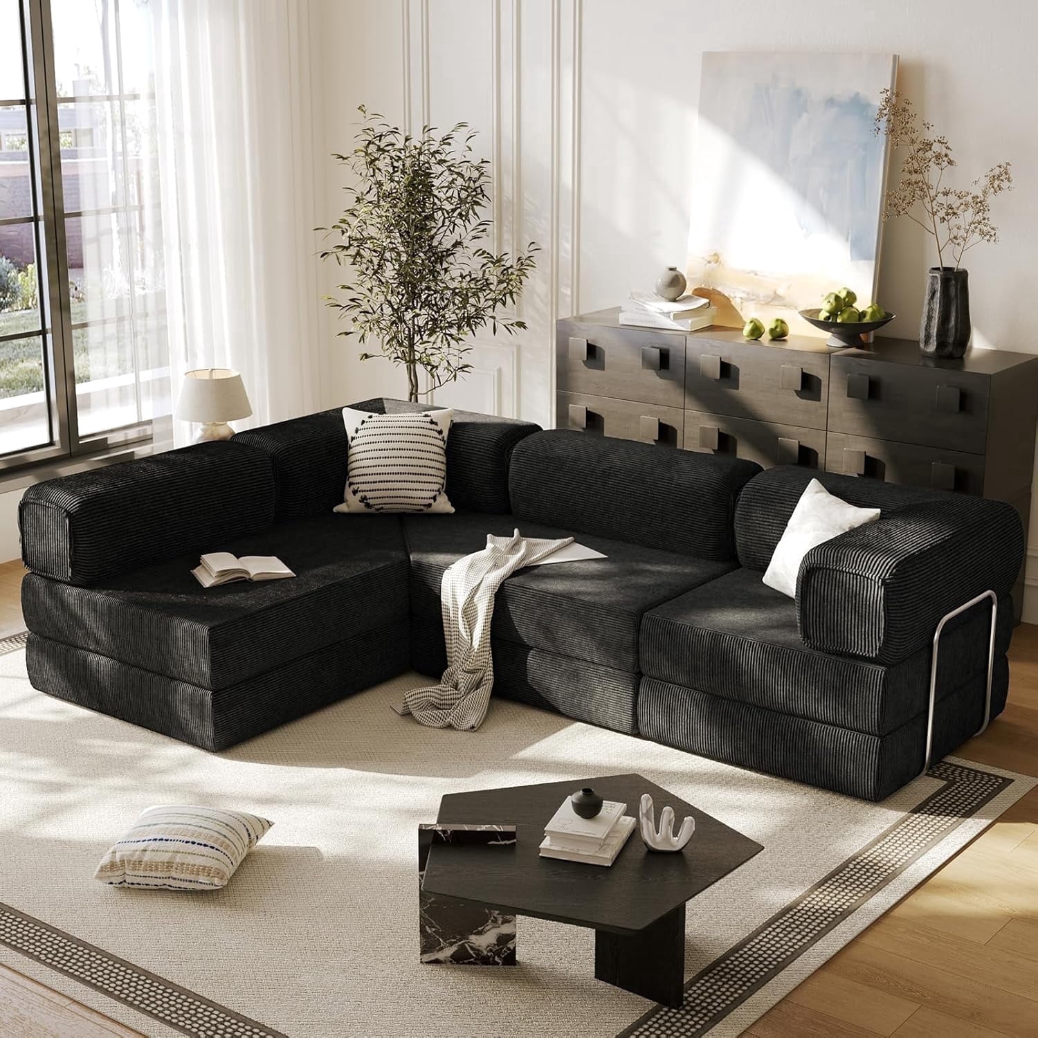 MEISSALIVVE 108" L-Shaped Modular Sectional Sofa with Chaise, Cloud Deep Seat Couch with Removable Pillows, No Assembly Required for Living Room & Bedroom (Black)