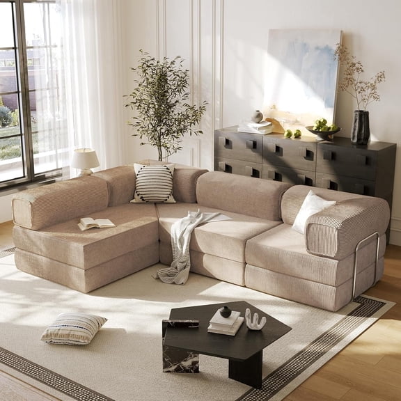 MEISSALIVVE 108" L-Shaped Modular Sectional Sofa with Chaise, Cloud Deep Seat Couch with Removable Pillows, No Assembly Required for Living Room & Bedroom (Camel)