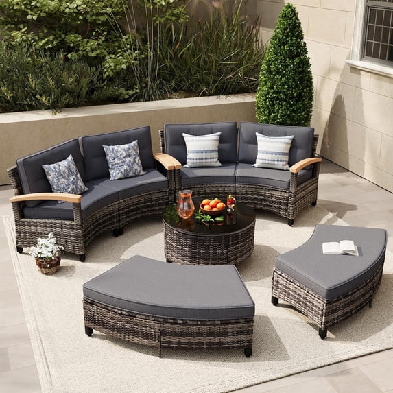 MEISSALIVVE 11-Piece Half-Moon Curved Outdoor Patio Furniture Set with Fire Pit Table, Sectional Conversation Sofa with Wood Armrests, Round Coffee Table for Backyard Deck Garden, Blue