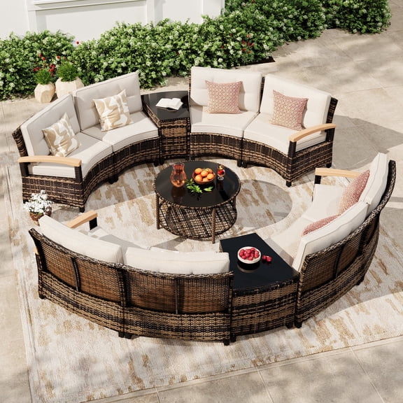 MEISSALIVVE 11-Piece Half-Moon Curved Outdoor Patio Furniture Set, Sectional Conversation Sofa with Wood Armrests, Coffee & Side Tables for Backyard Deck Garden, Beige