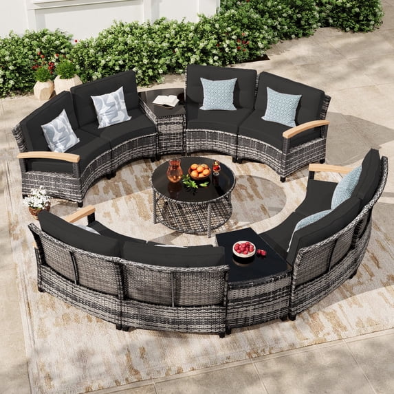 MEISSALIVVE 11-Piece Half-Moon Curved Outdoor Patio Furniture Set, Sectional Conversation Sofa with Wood Armrests, Coffee & Side Tables for Backyard Deck Garden, Black
