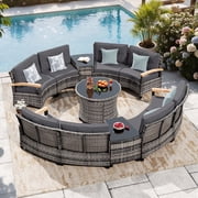 MEISSALIVVE 11-Piece Half-Moon Curved Outdoor Patio Furniture Set, Sectional Conversation Sofa with Wood Armrests, Round Coffee Table for Backyard Deck Garden, Gray deal from Walmart