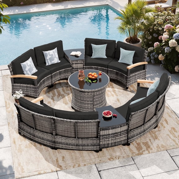 MEISSALIVVE 11-Piece Half-Moon Curved Outdoor Patio Furniture Set, Sectional Conversation Sofa with Wood Armrests, Round Coffee Table for Backyard Deck Garden, Red