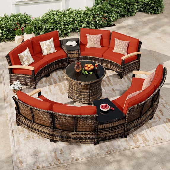 MEISSALIVVE 11-Piece Half-Moon Curved Outdoor Patio Furniture Set, Sectional Conversation Sofa with Wood Armrests, Round Coffee Table for Backyard Deck Garden, Red