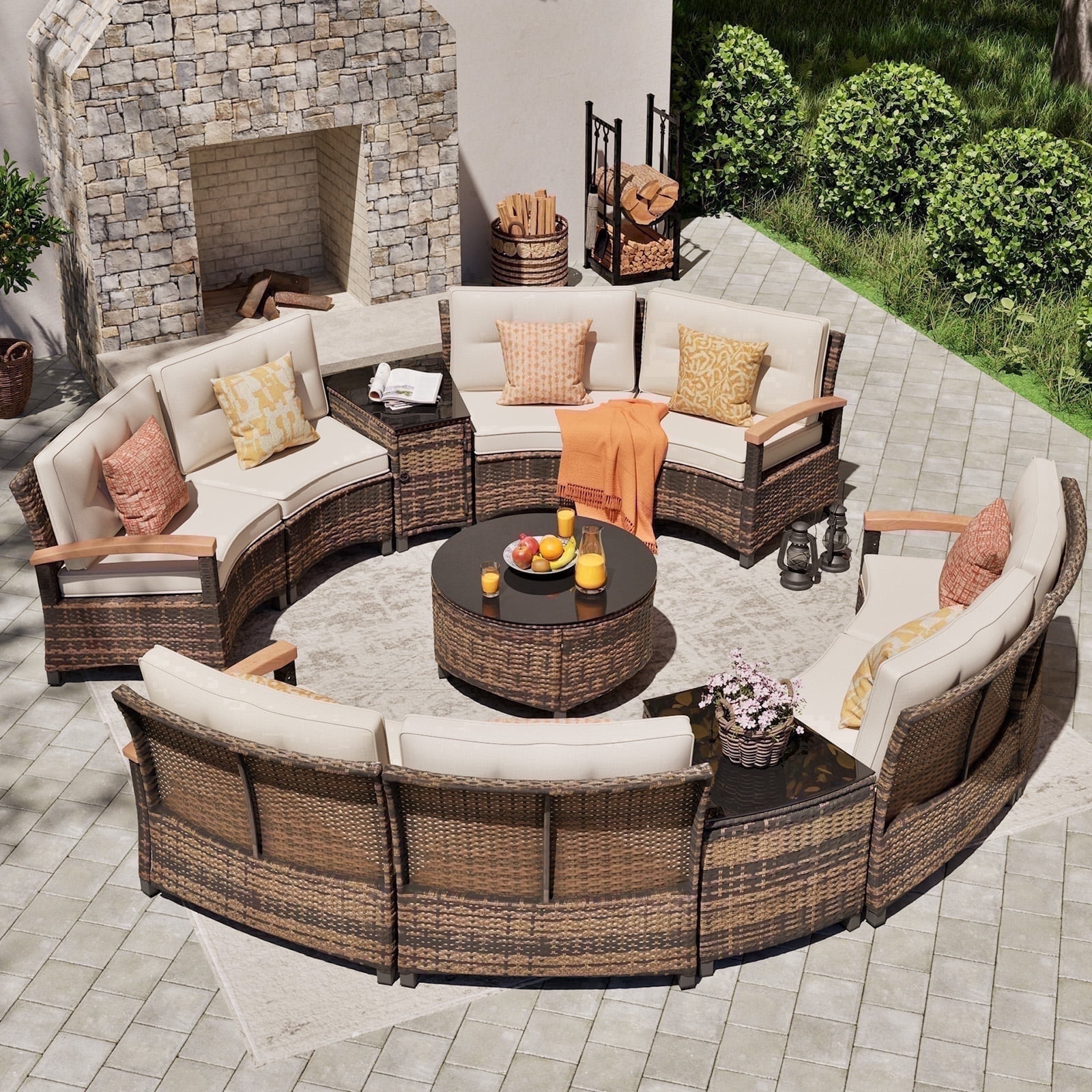 MEISSALIVVE 11 Piece Outdoor Patio Furniture Set, Half-Moon Curved Rattan Conversation Set with Wood Armrests, Coffee Table & 2 Side Table(Beige)