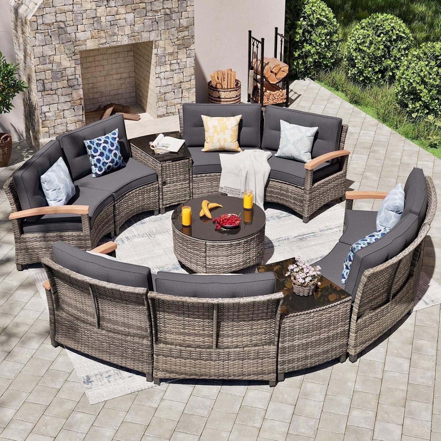 MEISSALIVVE 11 Piece Outdoor Patio Furniture Set, Half-Moon Curved Rattan Conversation Set with Wood Armrests, Coffee Table & 2 Side Table(Gray)