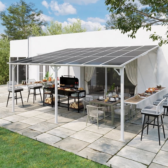 MEISSALIVVE 12' x 16' Wall Mounted Gazebo, Outdoor BBQ Grill Gazebo with Side Shelf, Lean to Metal Awnings with Sloped Roof, Heavy Duty Pergola for Backyard, Deck, White