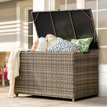 MEISSALIVVE 178 Gallon Outdoor Storage Box, Handle Large Portable Wicker Rattan Deck Box for Patio Furniture Cushions, Patio Deck Box with 2 WheelsThrow Pillows, Garden Tools and Pool Floats (Brown)