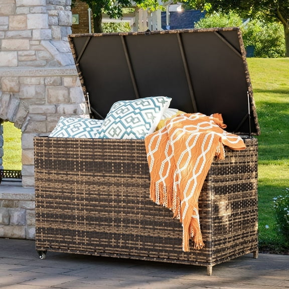 MEISSALIVVE 178 Gallon Outdoor Wicker Storage Deck Box, Waterproof UV-Resistant Rattan Box with Handle & Wheels for Cushions, Pillows, Tools, Brown