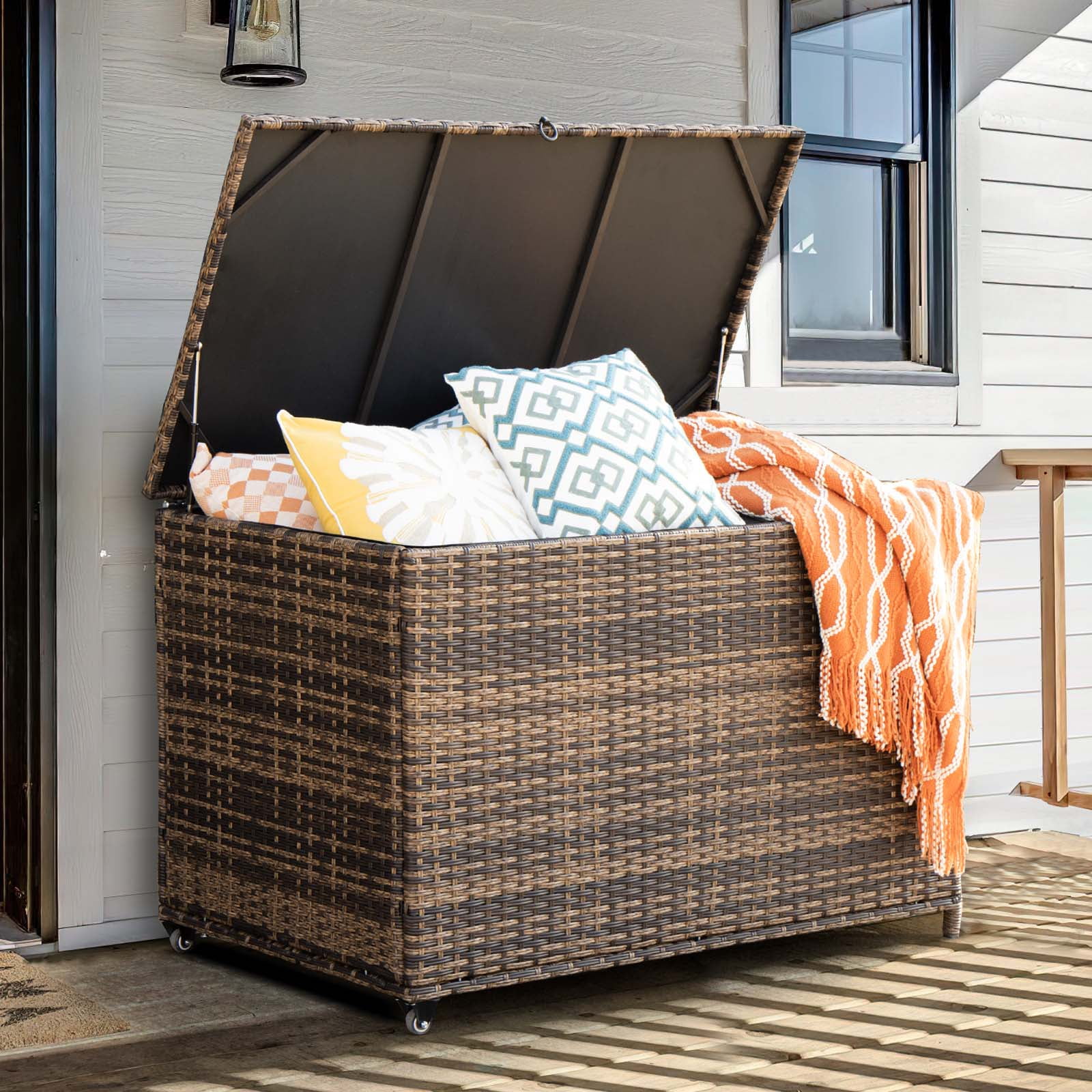 MEISSALIVVE 178 Gallon Outdoor Storage Rattan Deck Box with 2 Wheels