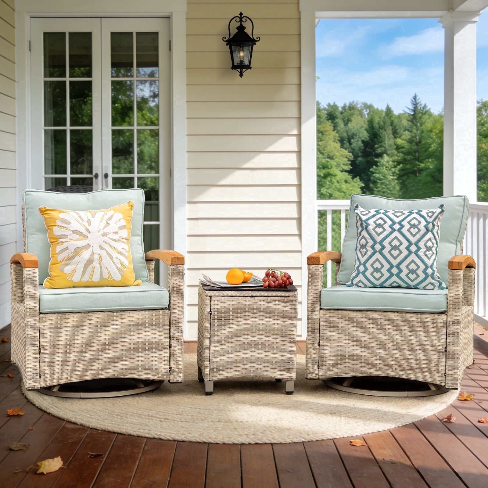 MEISSALIVVE 3 Piece Outdoor Swivel Rocking Chairs, Patio Furniture Bistro Set with 360° Wood Armrests Swivel Glide Chairs and Side Table for Deck Yard and Poolside (Blue)