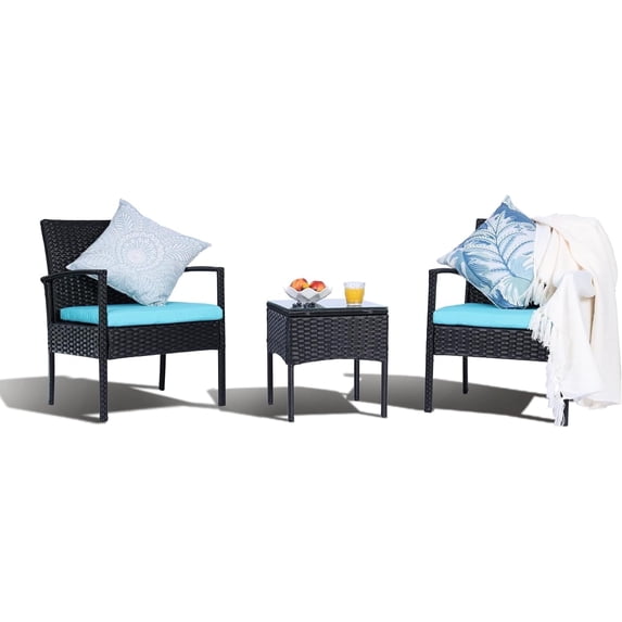 MEISSALIVVE 3 Pieces Outdoor Patio Furniture Set, Small Wicker Bistro Conversation Set for Porch and Balcony, All Weather PE Rattan Chairs with Table, Backyard Garden Furniture (Blue)