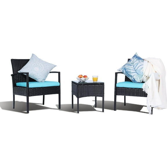 MEISSALIVVE 3 Pieces Outdoor Patio Furniture Set, Small Wicker Bistro Conversation Set for Porch and Balcony, All Weather PE Rattan Chairs with Table, Backyard Garden Furniture (Blue)