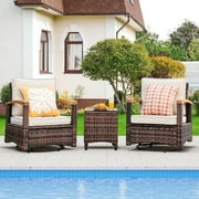MEISSALIVVE 3 Pieces Outdoor Swivel Rocker, Patio Furniture Bistro Set with 360° Wood Armrests Swivel Rock Chairs and Side Table(Brown)