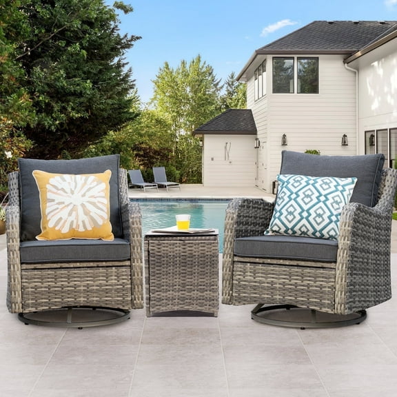MEISSALIVVE 3 Pieces Patio Furniture Set, Rattan Conversation Set, Outdoor Swivel Rocker with Washable Cushions & Tempered Glass Tabletop (Grey)