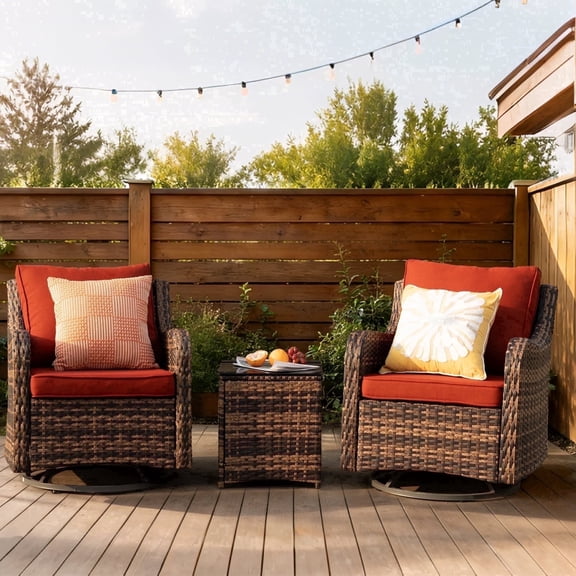MEISSALIVVE 3 Pieces Patio Furniture Set with Swivel Chair, Outdoor Swivel Rocker with Washable Cushions & Tempered Glass Tabletop, Outdoor Rattan Conversation Set for Lawn Backyard Porch (Red)