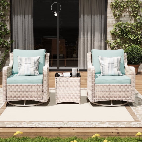 MEISSALIVVE 3 Pieces Patio Furniture Set with Swivel Chair, Outdoor Swivel Rocker with Washable Cushions & Tempered Glass Tabletop, Outdoor Rattan Conversation Set for Lawn Backyard Porch (Blue)