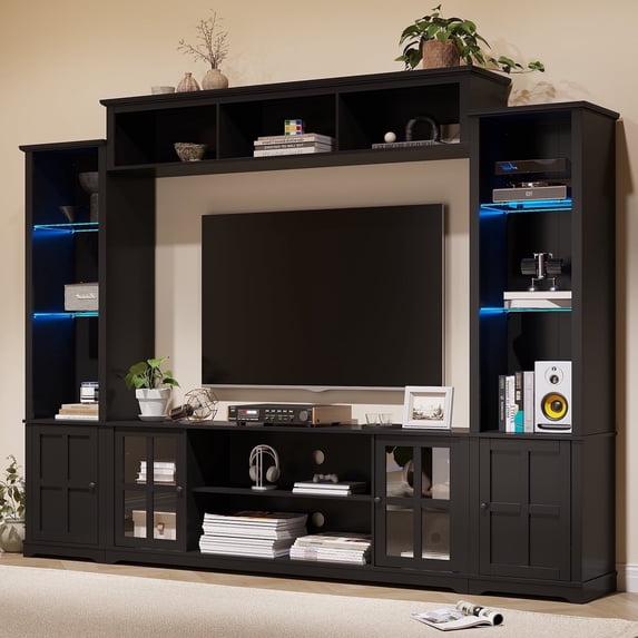 MEISSALIVVE 4 Piece Wall Unit TV Stand with LED Lights, Modern Entertainment Center with Bookshelf, Wine Cabinet, Display Storage, Fits 70" TVs, Black