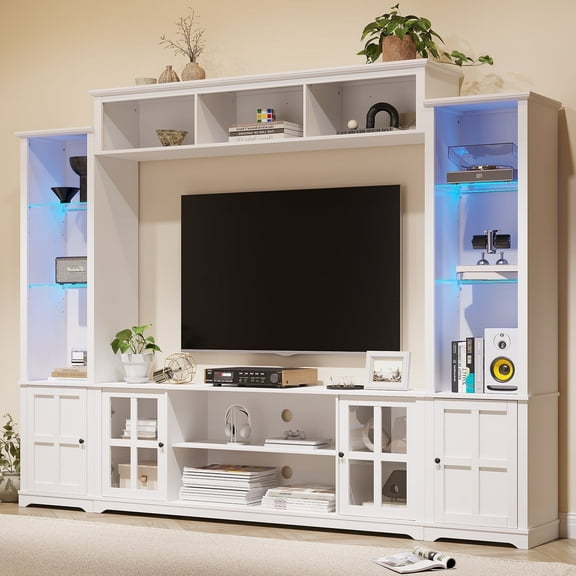 MEISSALIVVE 4 Piece Wall Unit TV Stand with LED Lights, Modern Entertainment Center with Bookshelf, Wine Cabinet, Display Storage, Fits 70" TVs, White