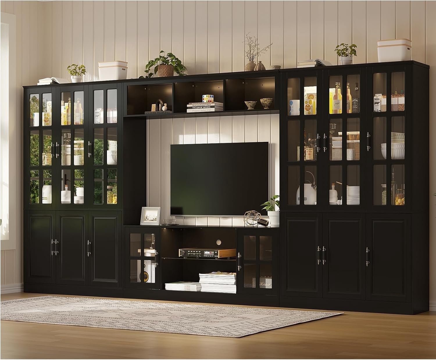 MEISSALIVVE 4-Piece Wall Unit TV Stand with Storage & LED Lights for TVs up to 75", Modern Entertainment Center with Bookshelves & 6-Door Pantry Cabinet, Black
