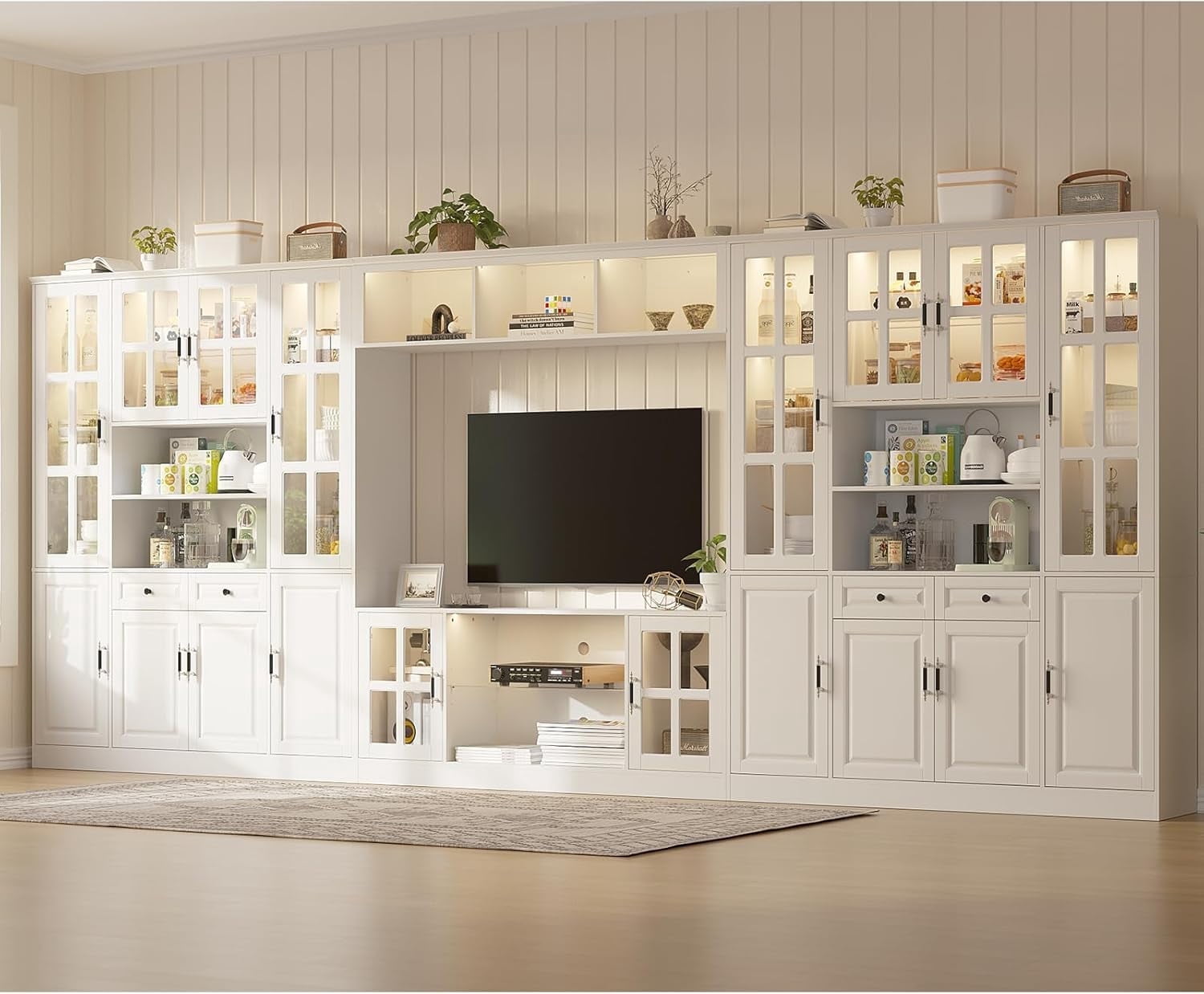 MEISSALIVVE 4-Piece Wall Unit TV Stand with Storage & LED Lights for TVs up to 75", Modern Entertainment Center with Bookshelves & 8-Door Pantry Cabinet, White