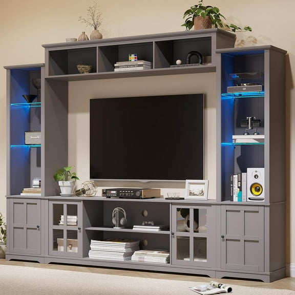 MEISSALIVVE 4 Piece Wall Unit TV Stand with LED Lights, Modern Entertainment Center with Bookshelf, Wine Cabinet, Display Storage, Fits 70" TVs, Gray