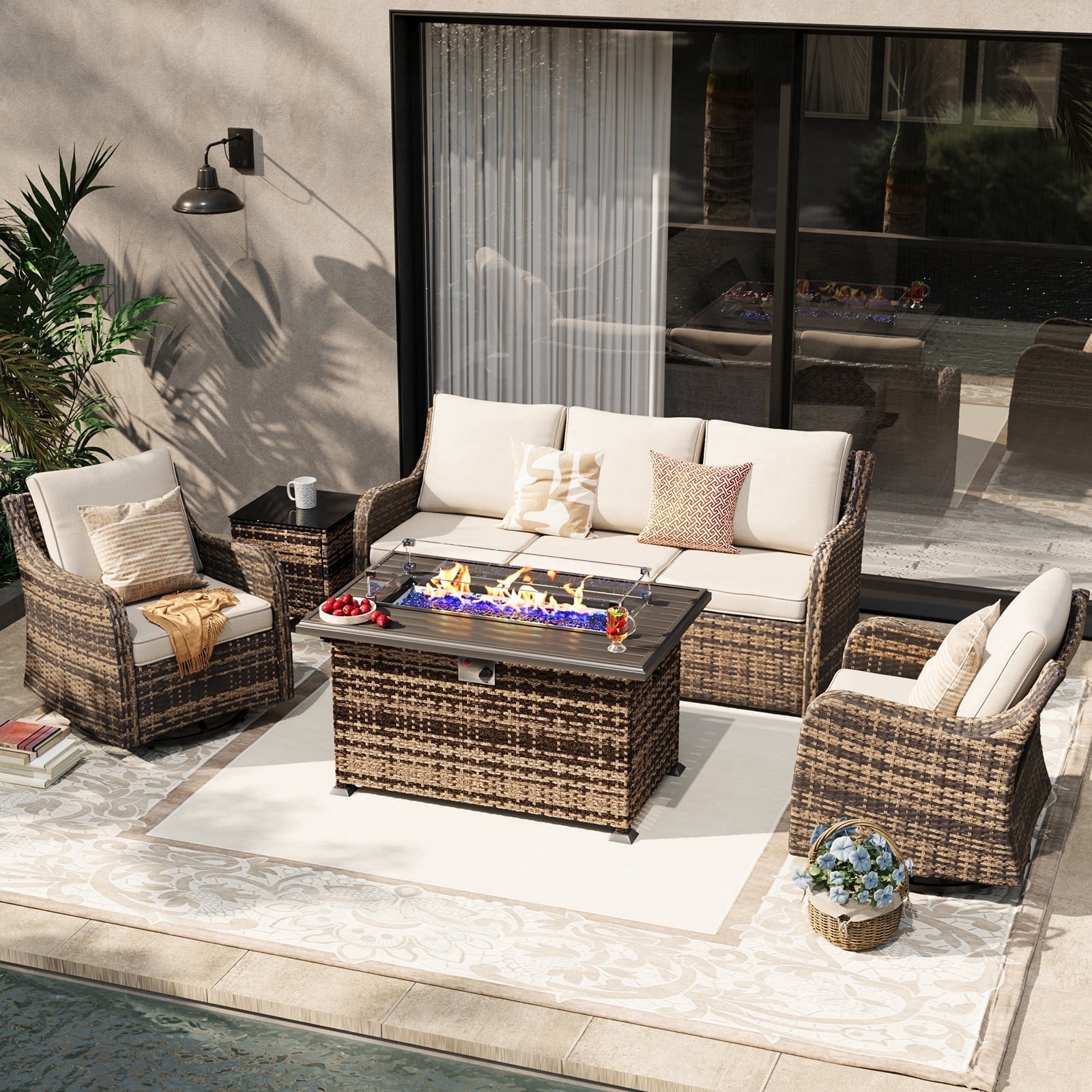 MEISSALIVVE 5 Pieces Patio Furniture Set with 43" Fire Pit Table, Wicker Patio Conversation Set with Swivel Rocking Chairs, Outdoor Patio Set for Lawn Backyard Porch (Brown)