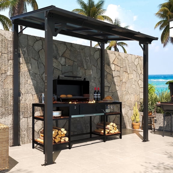 MEISSALIVVE 5' x 8' Lean-to Wall Mounted Hardtop Gazebo, Aluminum Frame Sloped Polycarbonate Roof Outdoor Awning Shelter for Patio, Deck, Backyard Garden, Black