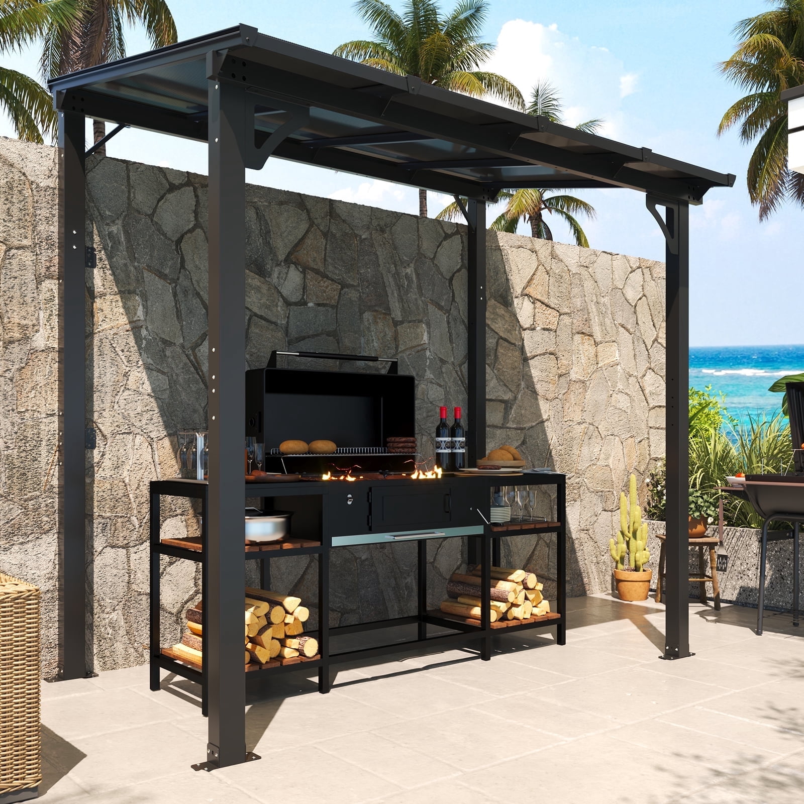 MEISSALIVVE 5' x 8' Hardtop Wall Mounted Gazebo Pergola, Lean-to Metal Awning with Sloped Roof, Outdoor Shelter for Patio, Deck, Backyard, Black