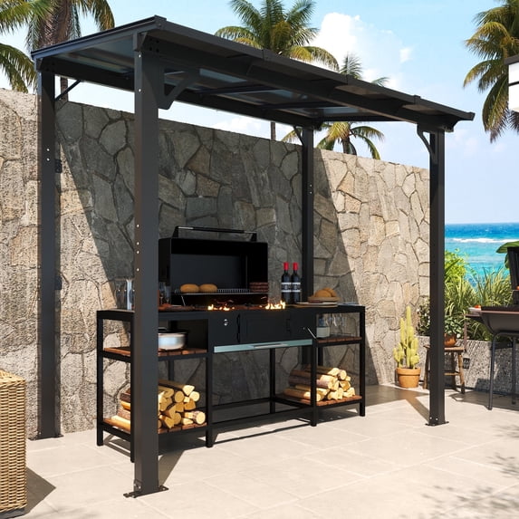 MEISSALIVVE 5' x 8' Hardtop Wall Mounted Gazebo Pergola, Lean-to Metal Awning with Sloped Roof, Outdoor Shelter for Patio, Deck, Backyard, Black
