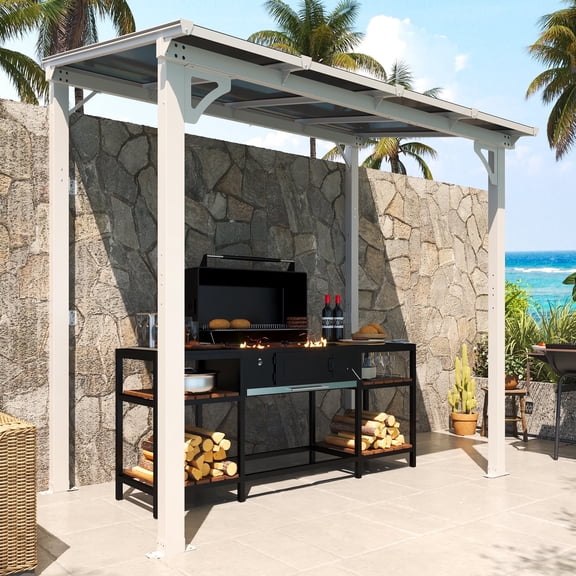 MEISSALIVVE 5' x 8' Hardtop Wall Mounted Gazebo Pergola, Lean-to Metal Awning with Sloped Roof, Outdoor Shelter for Patio, Deck, Backyard, White