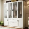 thumbnail image 1 of MEISSALIVVE Modern 6-Door Wardrobe Closet in White Wood Grain, 70.9''H, Frosted Glass Doors, Hanging Rod, 2 Drawers, Spacious Bedroom Storage Cabinet, 1 of 8