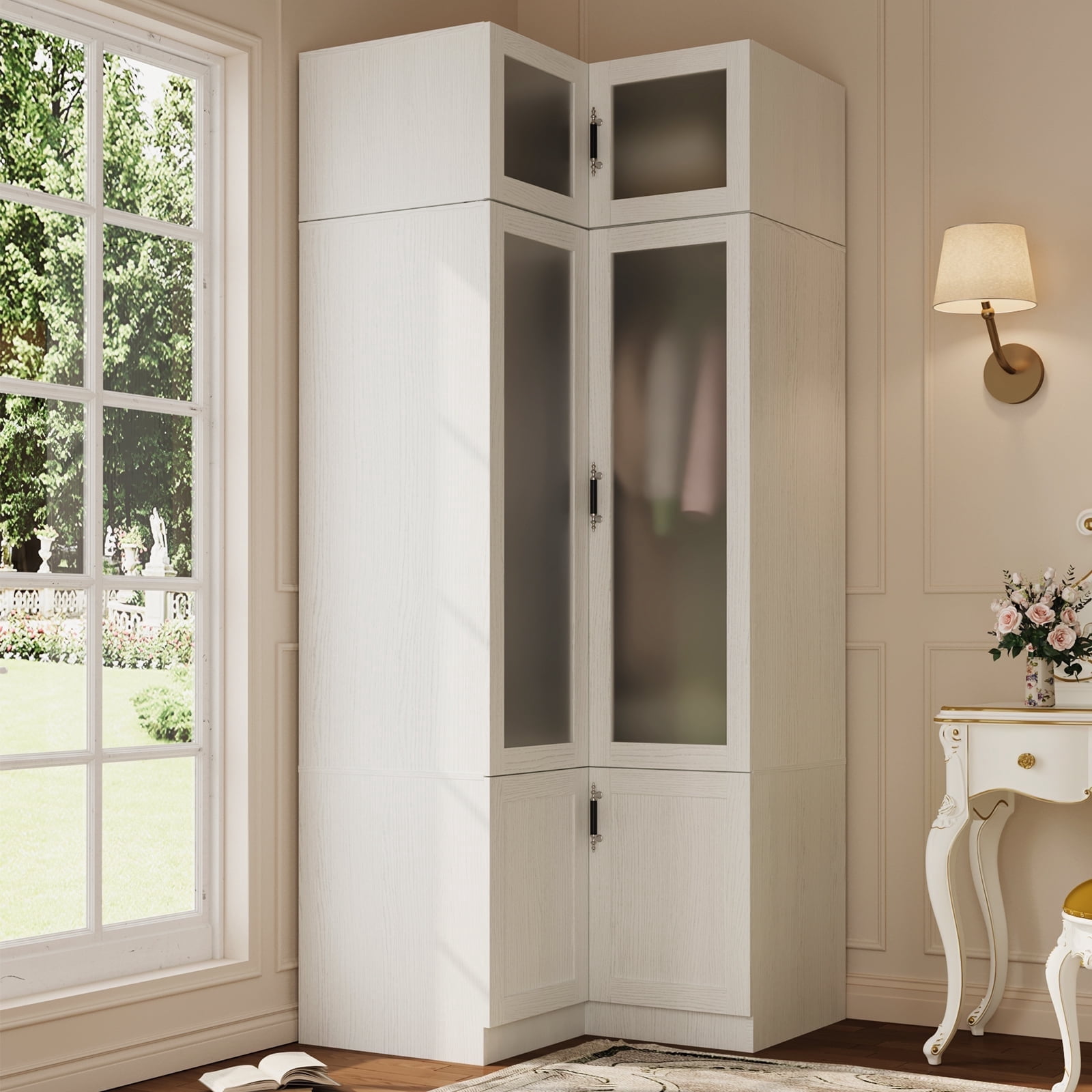 MEISSALIVVE Modern L-Shaped Wardrobe Closet with Frosted Glass Doors ...