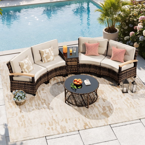 MEISSALIVVE 6-Piece Half-Moon Curved Outdoor Patio Furniture Set, Sectional Conversation Sofa with Wood Armrests, Coffee & Side Tables for Backyard Deck Garden, Beige