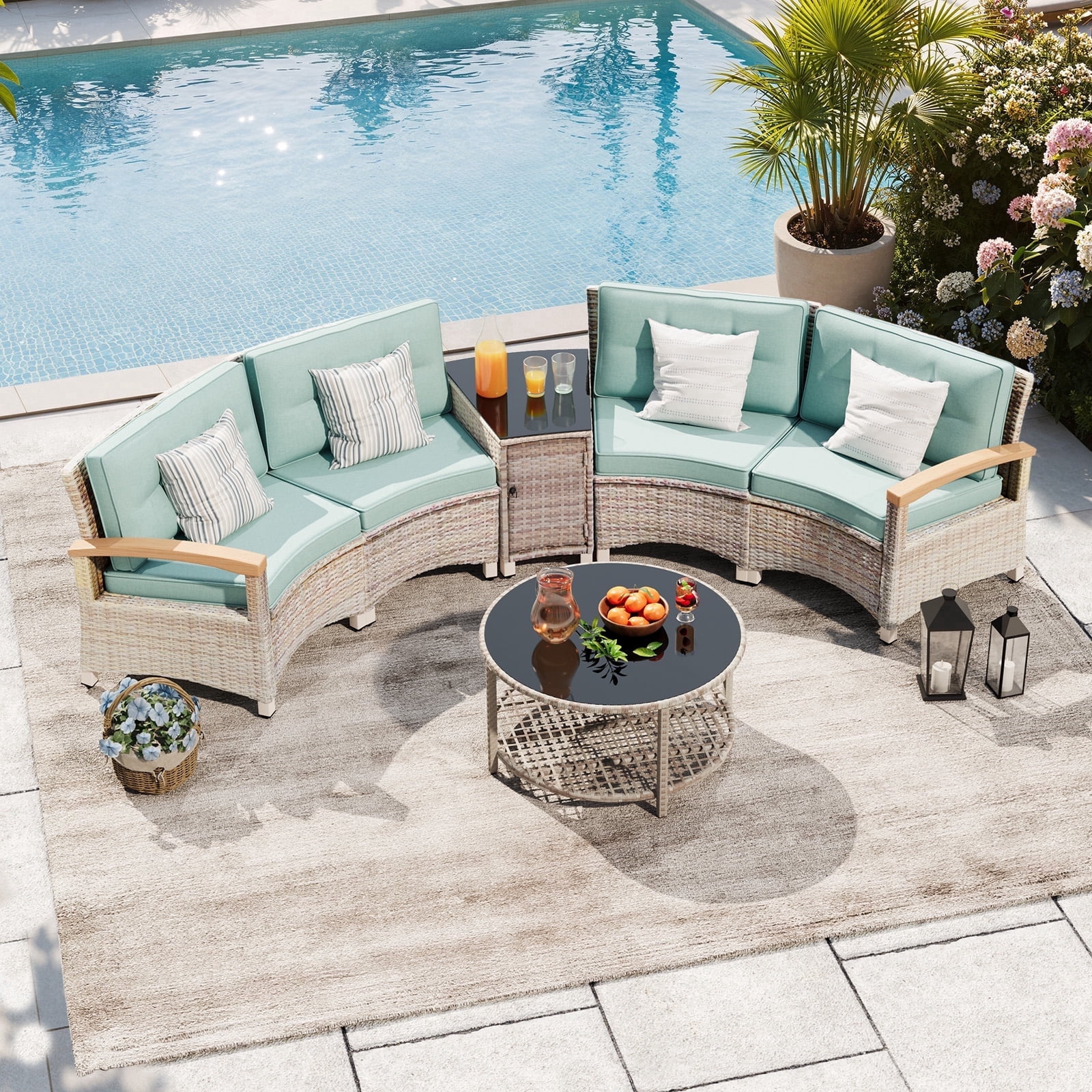 MEISSALIVVE 6-Piece Half-Moon Curved Outdoor Patio Furniture Set, Sectional Conversation Sofa with Wood Armrests, Coffee & Side Tables for Backyard Deck Garden, Blue