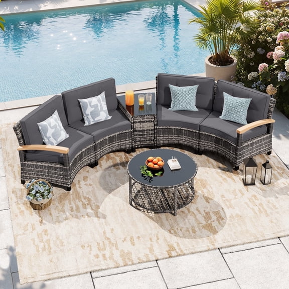MEISSALIVVE 6-Piece Half-Moon Curved Outdoor Patio Furniture Set, Sectional Conversation Sofa with Wood Armrests, Coffee & Side Tables for Backyard Deck Garden, Gray