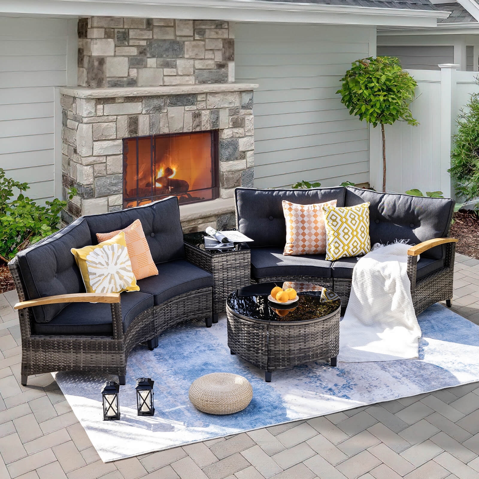 MEISSALIVVE 6 Piece Outdoor Patio Furniture Set Half Moon Curved Sectional Sofa Rattan Patio Conversation Set with Wood Armrests Tempered Glass
