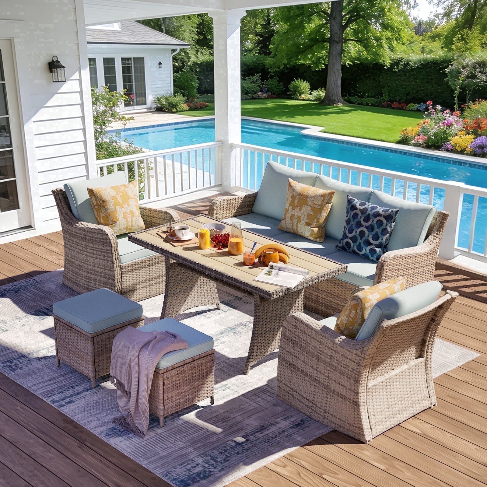 MEISSALIVVE 6 Pieces Patio Furniture Set with Dining Table, Outdoor Wicker Conversation Set with Fixed Chairs, Wicker Armrest, 2 Ottomans, Blue