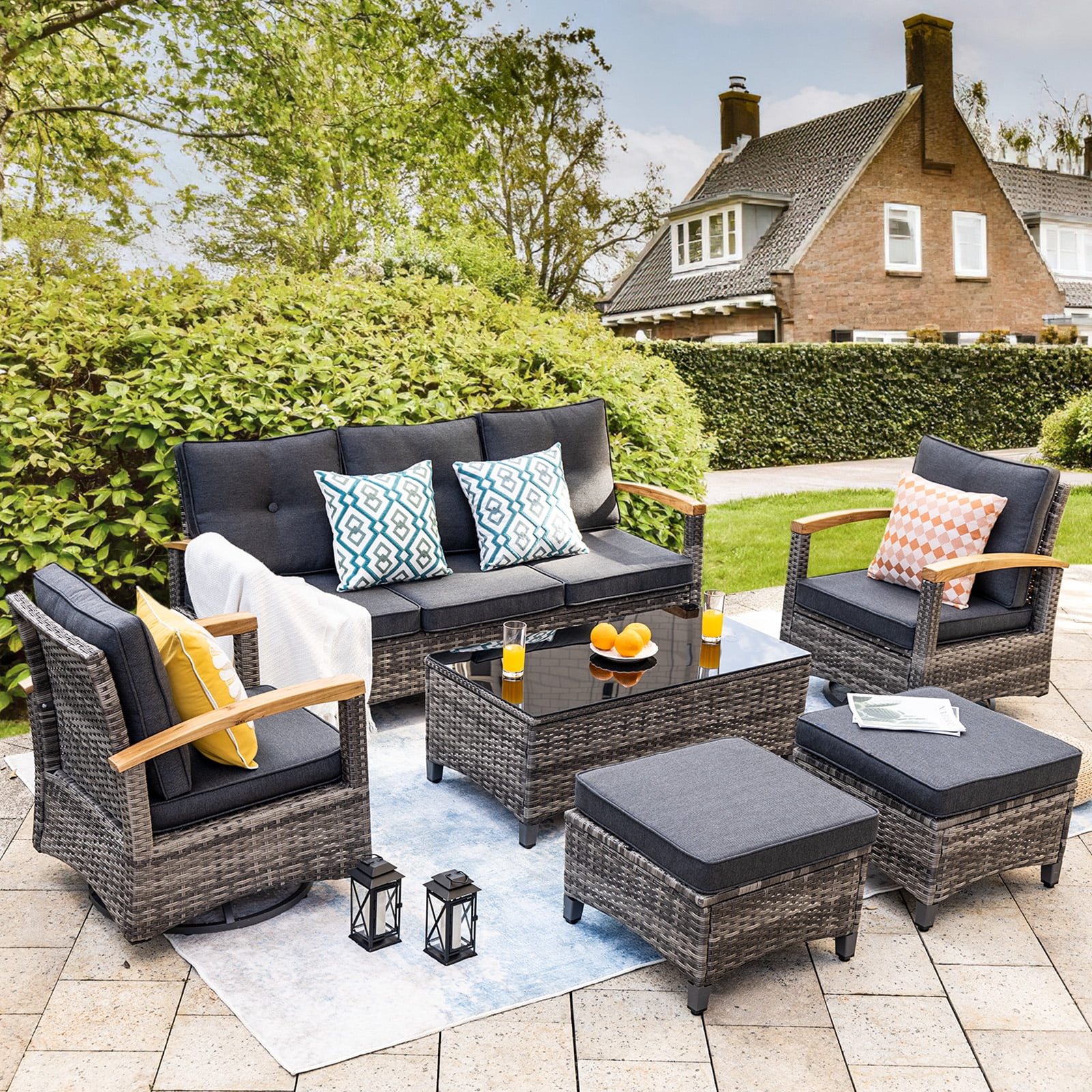 MEISSALIVVE 6 Pieces Outdoor Rattan Furniture Conversation Sets with 2 Armrests Swivel Rocker Chairs
