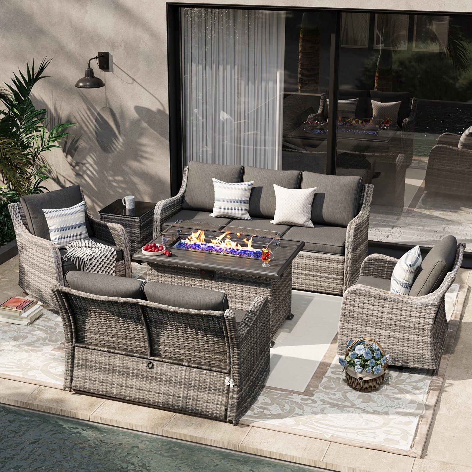MEISSALIVVE 6 Pieces Patio Furniture Set with 43" Fire Pit Table, Wicker Patio Conversation Set with Swivel Rocking Chairs, Outdoor Patio Set for Lawn Backyard Porch (Grey)