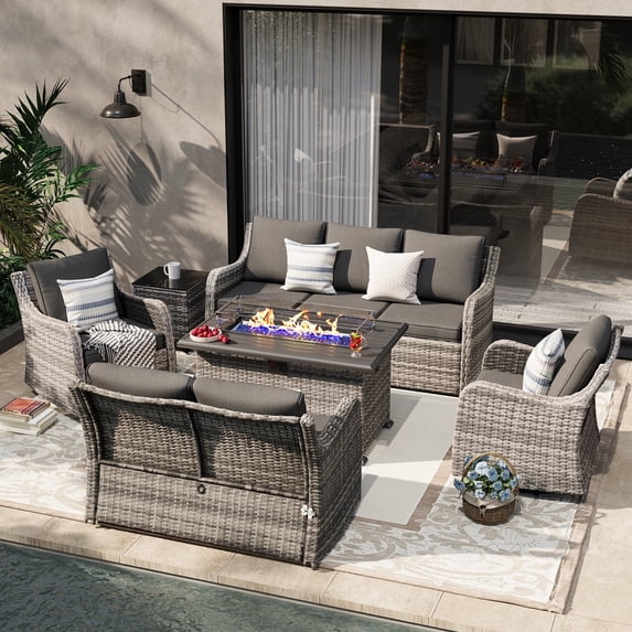 MEISSALIVVE 6 Pieces Patio Furniture Set with 43" Fire Pit Table, Wicker Patio Conversation Set with Swivel Rocking Chairs, Outdoor Patio Set for Lawn Backyard Porch (Grey)