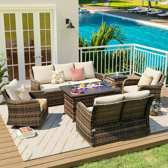 MEISSALIVVE 6 Pieces Patio Furniture Set with 43" Fire Pit Table, Wicker Patio Conversation Set with Swivel Rocking Chairs, Outdoor Patio Set for Lawn Backyard Porch (Brown）