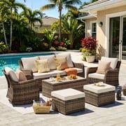 MEISSALIVVE 6 Pieces Patio Furniture Set with Swivel Chair, Outdoor Patio Conversation Set, Outdoor Wicker Sofa Couch with Waterproof Cushions for Lawn Backyard Porch Beige