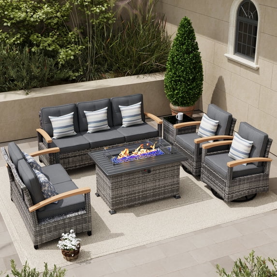 MEISSALIVVE 6 Pieces Patio Furniture Sets with Fire Pit Table, Wicker Outdoor Conversation Sets with 2 Swivel Rocker Chairs, 2 Sofas and Side Table(Grey)