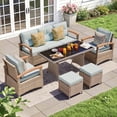 thumbnail image 1 of MEISSALIVVE 6 Pieces Patio Furniture Set with Dining Table, Outdoor Wicker Conversation Set with Fixed Chairs, Wood Armrest, 2 Ottomans, Blue, 1 of 7