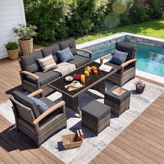 MEISSALIVVE 6 Pieces Patio Furniture Set with Dining Table, Outdoor Wicker Conversation Set with Fixed Chairs, Wood Armrest, 2 Ottomans, Gray