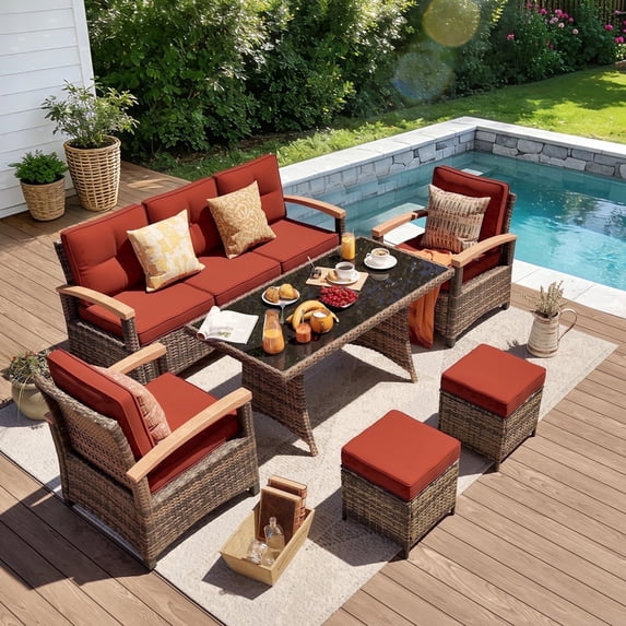 MEISSALIVVE 6 Pieces Patio Furniture Set with Dining Table, Outdoor Wicker Conversation Set with Fixed Chairs, Wood Armrest, 2 Ottomans, Red