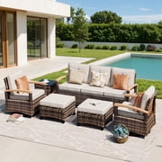 MEISSALIVVE 6 Pieces Patio Furniture Sets,Wicker Patio Conversation Sets with 2 Wood Armrests Swivel Glide Chairs, 2 Ottomans for Deck Yard and Poolside Beige